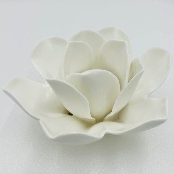 Two's Company Ceramic Tea Light Candle Holder Lotus Flower White 3"H x 6"W - Picture 2 of 8